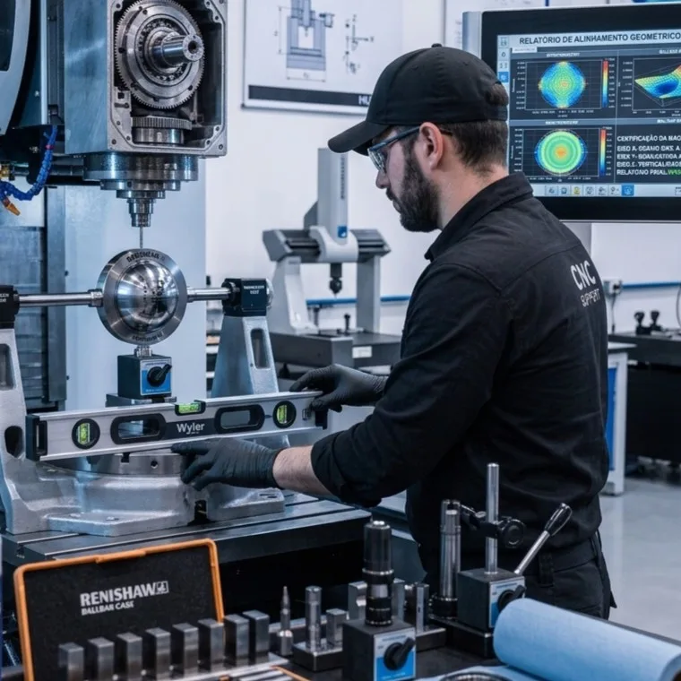 Técnico da CNC Support conferindo geometria com ballbar e nível de precisão