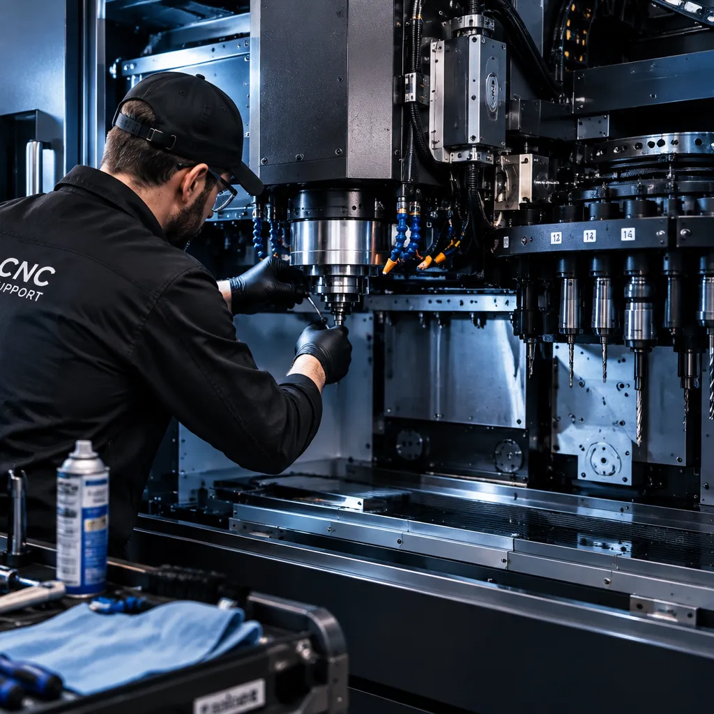 Técnico da CNC Support fazendo manutenção no eixo-árvore