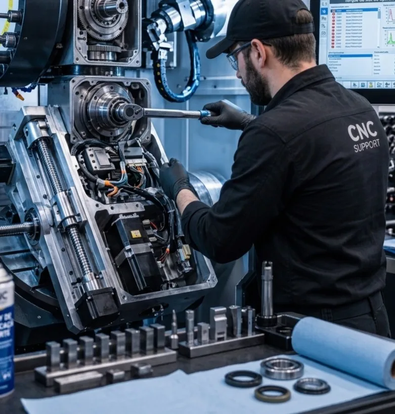 Técnico da CNC Support apertando componente com torquímetro durante revisão